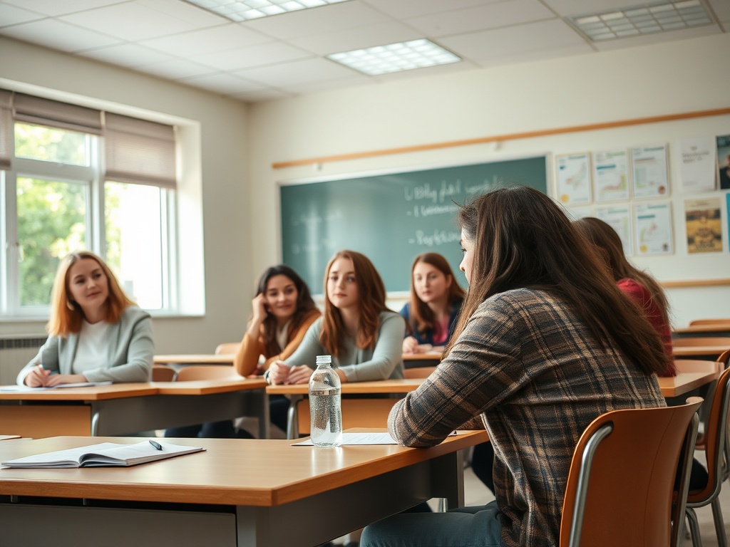 В аудитории группа девушек слушает объяснение одной из них. На столах книги и бутылки с водой.