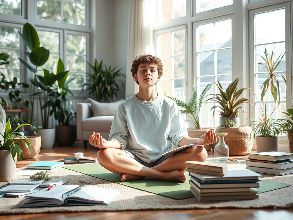 Молодой человек сидит в позе лотоса, медитируя среди зелёных растений и книг в светлом помещении.