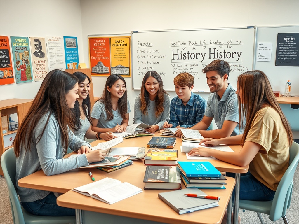 Группа студентов за столом, изучающих книги по истории в классе. На стенах плакаты с информацией.