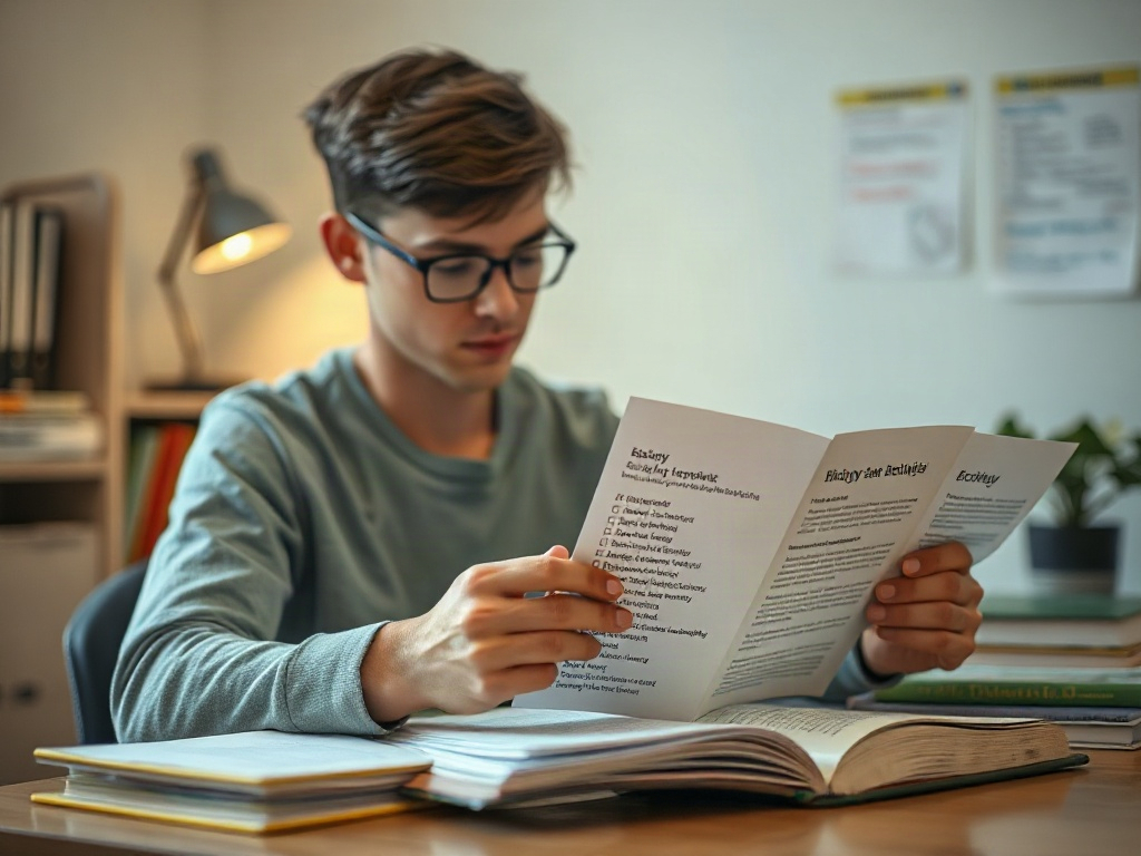 Молодой человек читает материалы к уроку, сидя за столом с книгами и канцелярией. Задний план мягкий и уютный.