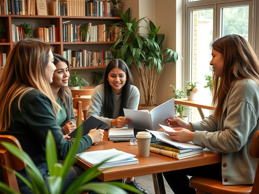 Группа девушек обсуждает что-то за столом в библиотеке, окруженная растениями и книгами.