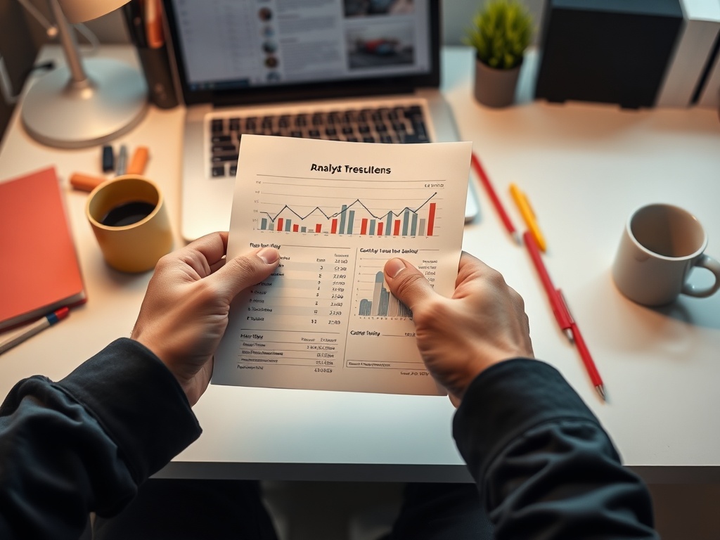 Человек держит отчет с графиками и таблицами на столе, рядом компьютер и чашка кофе.