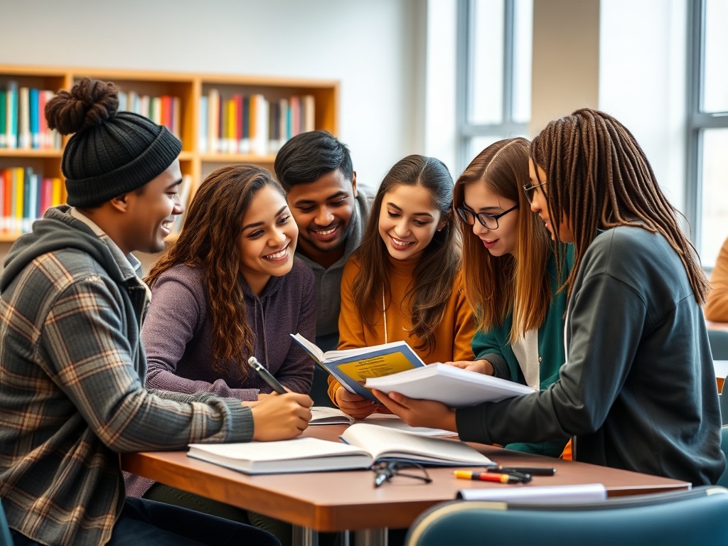 Шестеро студентов сидят за столом, обсуждая учебные материалы и смеясь друг с другом в библиотеке.