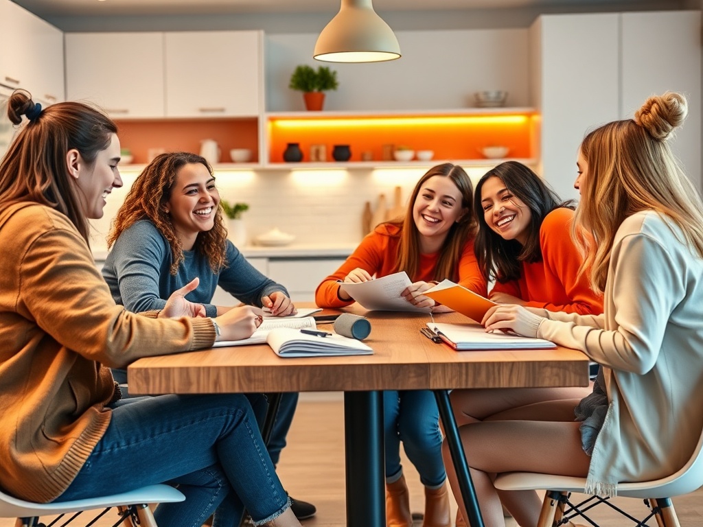 Группа девушек весело обсуждает проекты за столом в уютной кухне. Они улыбаются и обмениваются идеями.