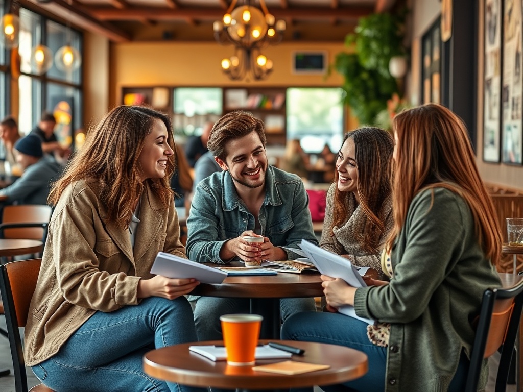 Четыре молодых человека смеются и общаются за столом в кафе, держа в руках книги и тетради.
