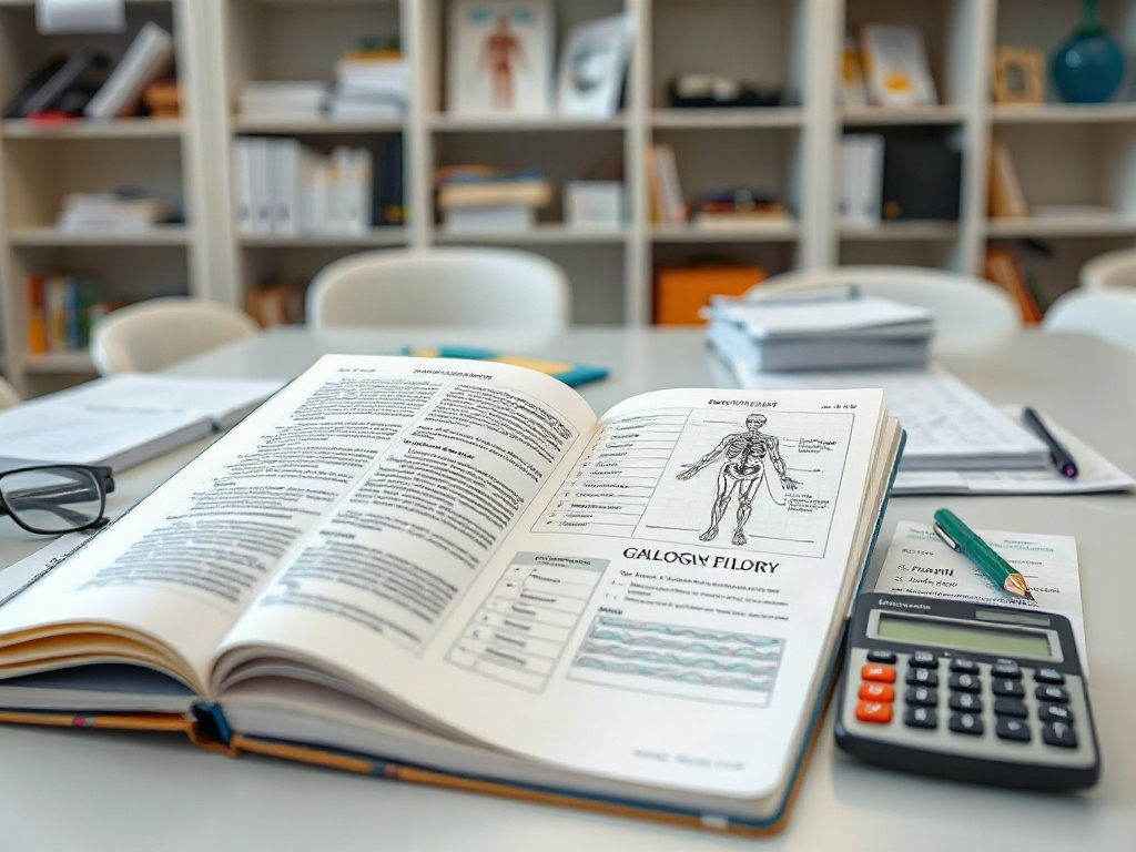 На столе открытая книга с анатомией, калькулятор и письменные принадлежности. На фоне стоят полки с документами.