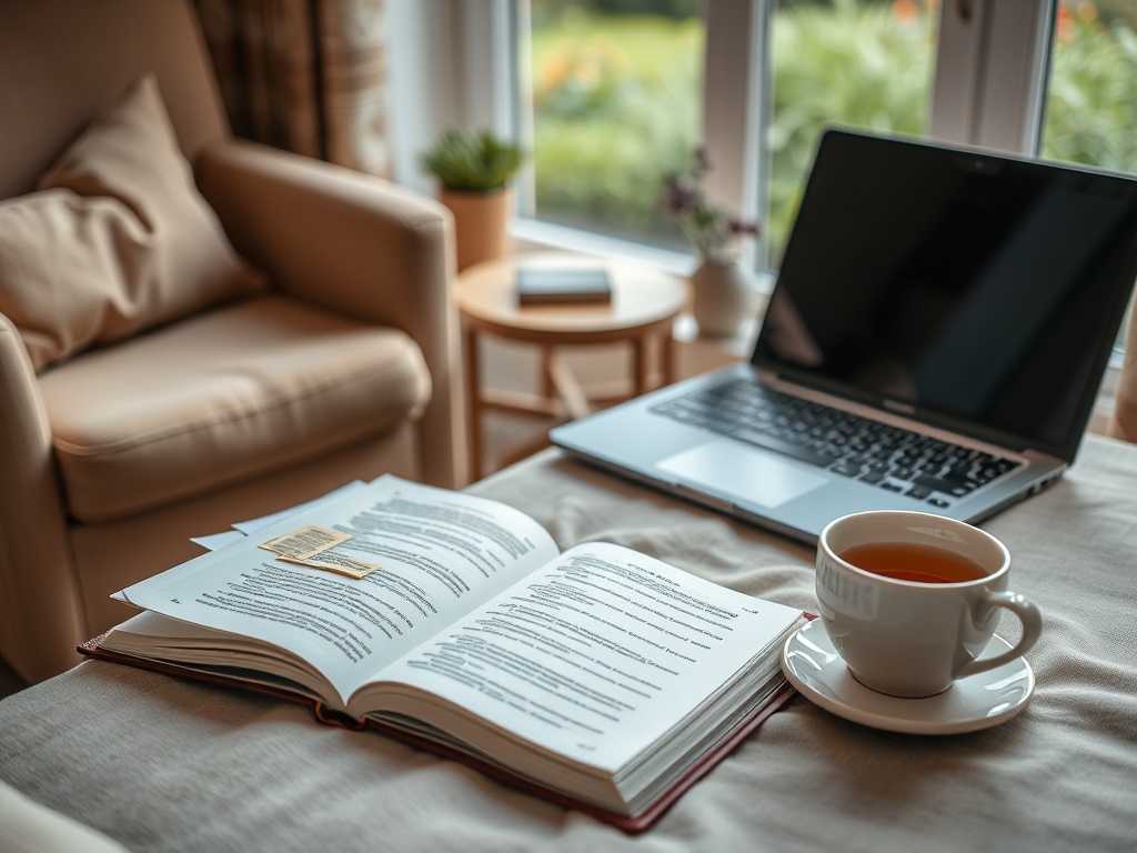 На столе книга, ноутбук и чашка чая, окно с видом на сад. Уютная атмосфера для чтения и работы.