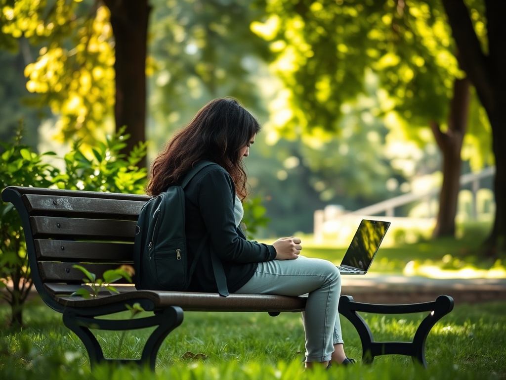 Девушка сидит на скамейке в парке, работает на ноутбуке, окружают зелёные деревья и трава.