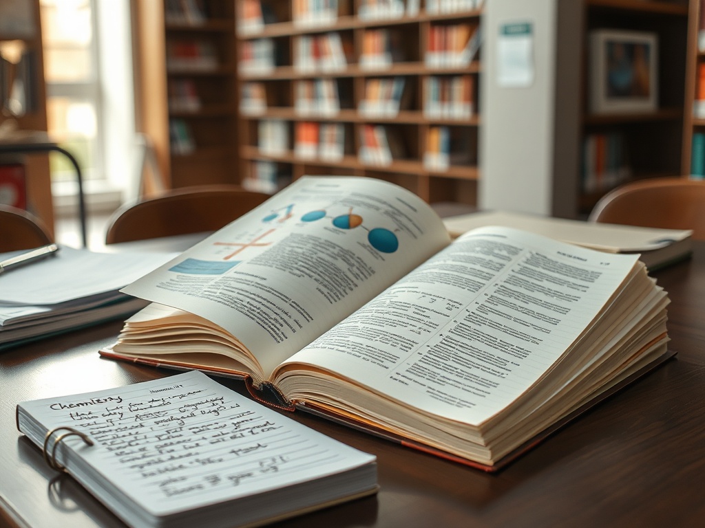 На столе открытая книга по химии и блокнот с записями, на фоне стеллажи с книгами в библиотеке.