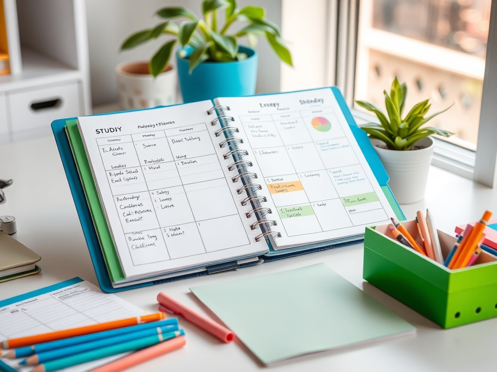 На столе открыт учебник с расписанием и канцелярскими принадлежностями, а также горшечные растения.