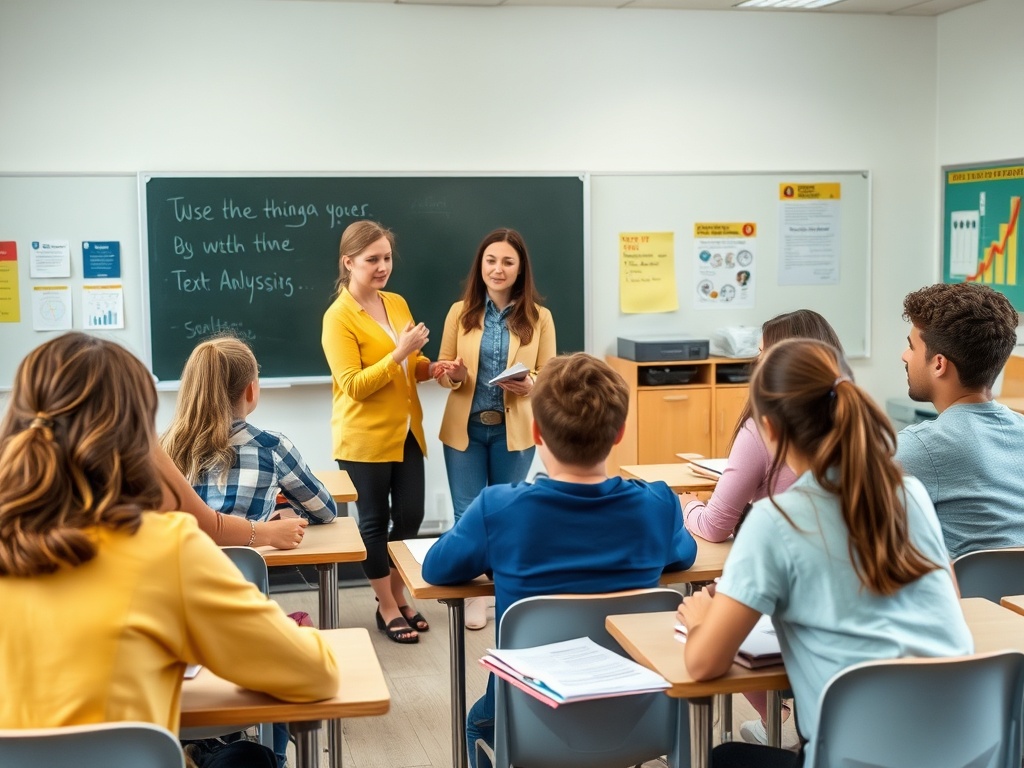 Две женщины ведут урок в классе, студенты внимательно слушают и участвуют в обсуждении.