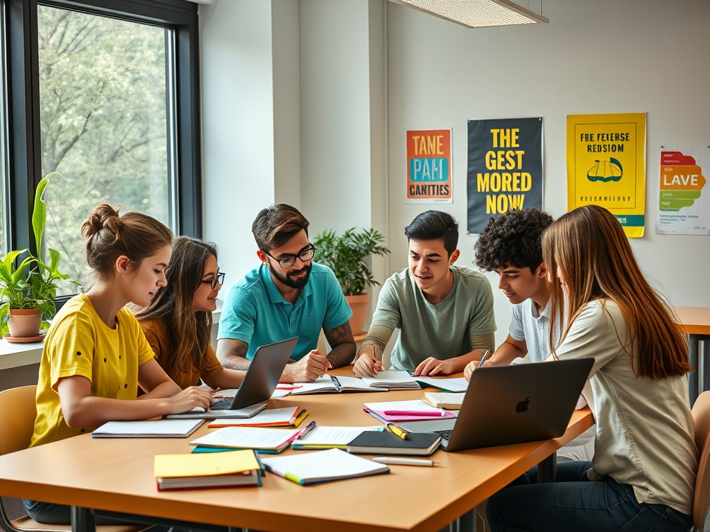 Группа студентов за учебным столом, обсуждающих материалы и работающих на ноутбуках в светлом классе.