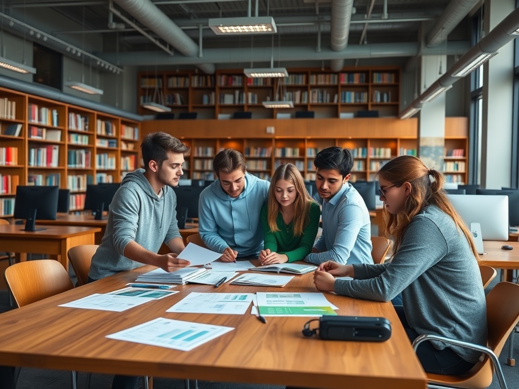 Группа студентов обсуждает учебные материалы в библиотеке. На столе книги и документы с графиками.