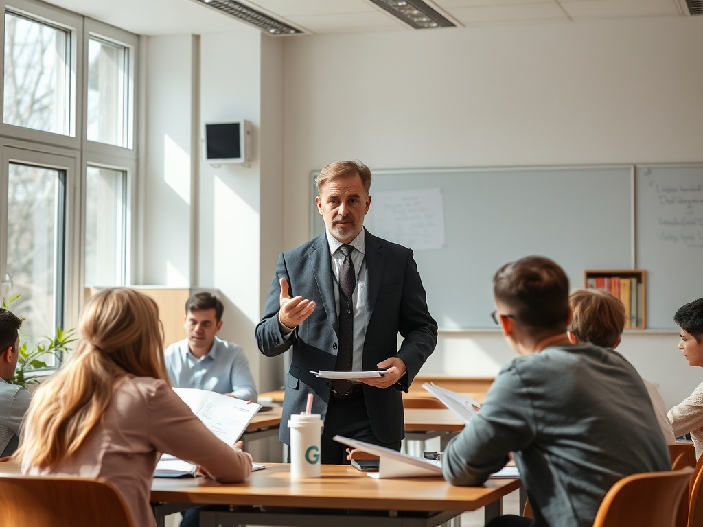 В классе преподаватель объясняет материал группе студентов, сидящих за столами. Светлое помещение, окна.