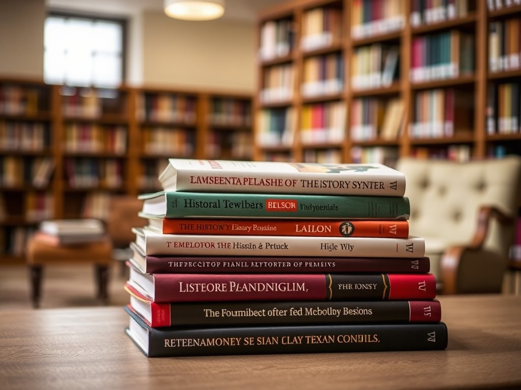 На столе в библиотеке аккуратно сложены книги разных жанров и тематик. Фон - полки с книгами.